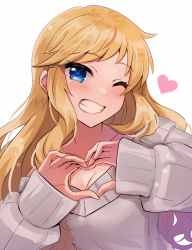 Rule 34 | 1girl, blonde hair, blue eyes, blush, breasts, cleavage, commentary request, grin, heart, highres, idolmaster, idolmaster cinderella girls, idolmaster cinderella girls starlight stage, large breasts, long hair, looking at viewer, ohtsuki yui, one eye closed, sakura ran, simple background, smile, solo, sweater, teeth, white background