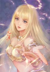 Rule 34 | 1girl, absurdres, arm guards, bare shoulders, blonde hair, blue eyes, closed mouth, highres, index finger raised, jewelry, jiu yue (tou xing jiuyue tian), light, long hair, midriff, nail polish, necklace, outstretched hand, pink nails, pointing, purple background, solo, tou xing jiuyue tian, upper body, veil