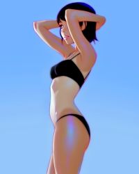 Rule 34 | 1girl, armpits, arms behind head, arms up, bikini, black bikini, black hair, blue sky, breasts, commentary request, cowboy shot, day, highres, ilya kuvshinov, one-piece tan, original, outdoors, parted lips, pink lips, short hair, sky, small breasts, smile, solo, sunlight, swimsuit, tan, tanline, thighs