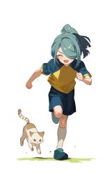 Rule 34 | 1boy, aged down, aqua hair, blue shirt, blue shorts, brown fur, cat, child, clenched hands, dot nose, ebi (shrimp eleven), facing to the side, full body, grass, green footwear, hair over one eye, hair tie, hand up, happy, inazuma eleven (series), kazemaru ichirouta, kneehighs, male focus, medium hair, multicolored fur, open mouth, ponytail, running, shirt, shoes, shorts, simple background, smile, socks, solo, two-tone shirt, v-shaped eyebrows, white background, white fur, white socks, yellow shirt