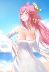 Rule 34 | 1girl, absurdres, animal ears, beach, blue sky, blush, breasts, casual, cleavage, cloud, collarbone, covered erect nipples, cowboy shot, day, detached sleeves, dress, earrings, closed eyes, floppy ears, fox ears, genshin impact, hair between eyes, hair ornament, hand on own hip, happy, highres, jewelry, large breasts, long hair, low-tied long hair, ocean, outdoors, parted lips, pink hair, relaxing, rosumerii, sand, see-through silhouette, sky, smile, solo, twitter username, water, white dress, white sleeves, wind, yae miko