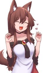 Rule 34 | 1girl, animal ears, blush, brown hair, closed eyes, dress, fang, fingernails, hair between eyes, heart, imaizumi kagerou, long fingernails, long hair, nail polish, off-shoulder dress, off shoulder, open mouth, red nails, sharp fingernails, short sleeves, simple background, smile, solo, tail, touhou, upper body, white background, white dress, wide sleeves, wolf ears, wolf tail, wool (miwol)