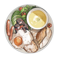 Rule 34 | 2boys, ahoge, avocado, black coat, black eyes, black hair, bowl, bread, bread slice, cherry tomato, coat, commentary request, covered mouth, cream, egg (food), fatalbug896, food, food focus, fried egg, from above, hair between eyes, high collar, highres, holding, holding food, holding vegetable, in food, looking at viewer, male focus, mini person, miniboy, multiple boys, nichts (fatalbug896), original, plate, salad, sausage, short hair, simple background, sleeves past fingers, sleeves past wrists, smile, soup, sunny side up egg, tomato, turtleneck, vegetable, white background, wille (fatalbug896)