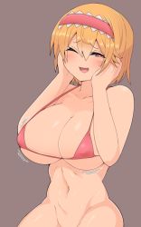 Rule 34 | 1girl, alice margatroid, bikini, bikini top only, blonde hair, blush, bottomless, breasts, bright pupils, brown background, cleavage, cookie (touhou), covered erect nipples, cowboy shot, frilled hairband, frills, hair between eyes, hairband, hands on own cheeks, hands on own face, hinase (cookie), huge breasts, looking at viewer, madore, micro bikini, navel, open mouth, red bikini, red eyes, red hairband, short hair, simple background, smile, solo, swimsuit, touhou, white pupils