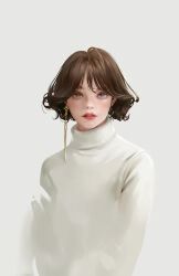 Rule 34 | 1girl, absurdres, blush, brown hair, commentary, earrings, english commentary, green eyes, highres, jewelry, lipstick, lizchief, looking at viewer, makeup, original, parted lips, realistic, short hair, simple background, solo, sweater, turtleneck, turtleneck sweater, upper body, white background, white sweater