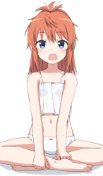 Rule 34 | 1girl, bare arms, bare legs, bare shoulders, barefoot, blue eyes, blush, bow, bow panties, brown hair, camisole, collarbone, commentary request, fang, hair between eyes, hair ribbon, highres, koshigaya natsumi, long hair, looking at viewer, navel, non non biyori, open mouth, panties, ponytail, ribbon, shadow, solo, takasuma hiro, underwear, underwear only, white background, white camisole, white panties, white ribbon