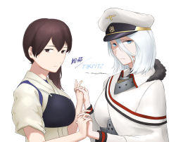 Rule 34 | 2girls, azur lane, blue eyes, brown eyes, brown hair, character name, commentary, commission, crossover, english commentary, hair between eyes, hat, highres, holding hands, interlocked fingers, jewelry, kaga (kancolle), kantai collection, long hair, looking at viewer, multiple girls, muneate, peaked cap, ring, ryan greythorn, side ponytail, signature, simple background, tirpitz (azur lane), upper body, wedding band, white background, white hair