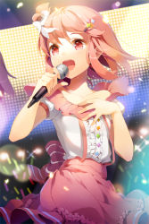 Rule 34 | 1girl, :d, bow, collarbone, flower, frills, gilse, glowstick, hair bow, hair ornament, hairpin, hand on own chest, holding, microphone, music, open mouth, pink hair, purple hair, red eyes, short hair, short sleeves, side ponytail, singing, skirt, smile, striped, sword girls
