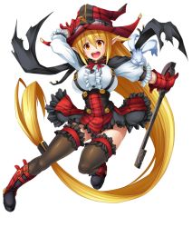 Rule 34 | 1girl, asahi, blonde hair, blush, boots, breasts, creature, curvy, female focus, hat, highres, huge breasts, jumping, lilith-soft, long hair, magical girl, magical girl lilith, pointy ears, shiny skin, simple background, smile, solo, taimanin (series), taimanin asagi, taimanin asagi kessen arena, taimanin rpgx, white background, witch hat, yellow eyes
