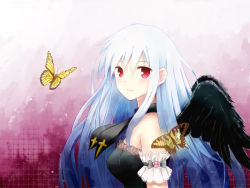 Rule 34 | 1girl, blush, breasts, bug, butterfly, closed mouth, from side, insect, large breasts, long hair, looking at viewer, original, red eyes, solo, suisai., upper body, white hair, wings