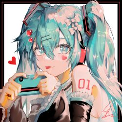 Rule 34 | 1girl, aqua eyes, aqua hair, bare shoulders, black sleeves, blue nails, cellphone, commentary request, detached sleeves, facial mark, hair between eyes, hair ornament, hairclip, hands up, hatsune miku, heart, holding, holding phone, long hair, long sleeves, nail polish, phone, saihate (d3), shirt, signature, sleeveless, sleeveless shirt, sleeves past wrists, solo, twintails, upper body, vocaloid, white background, white shirt, wide sleeves