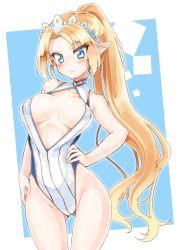 Rule 34 | 1girl, blonde hair, blue eyes, breasts, cleavage cutout, clothing cutout, front zipper swimsuit, hands on own hips, large breasts, long hair, meme attire, naka akira, one-piece swimsuit, original, pointy ears, ponytail, solo, standing, swimsuit, tiara, very long hair