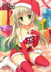 Rule 34 | 1girl, :o, absurdres, between legs, blonde hair, blush, boots, box, breasts, christmas, cleavage, elbow gloves, full body, fur trim, gift, gift box, gloves, green eyes, green panties, hand between legs, hanging breasts, hat, head tilt, highres, image sample, looking at viewer, medium breasts, miniskirt, moribe (rabumanyo), panties, pantyshot, red gloves, red thighhighs, santa costume, santa hat, sitting, skirt, solo, strapless, striped clothes, striped panties, tareme, thighhighs, tube top, underwear, upskirt, wariza