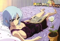 Rule 34 | 10s, 1girl, absurdres, barefoot, bed, blue hair, book, breasts, character doll, chibi, cleavage, feet, flower, henriette mystere, highres, large breasts, latin text, legs, lying, non-web source, nyantype, official art, on back, on bed, rose, scan, short hair, sideboob, solo, tantei opera milky holmes, torii takashi, white flower, white rose