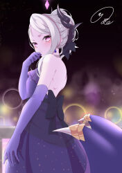 1girl absurdres backless_dress backless_outfit bare_back bare_shoulders black_horns blue_archive blue_gemstone dress earrings elbow_gloves from_behind gem gloves highres hina_(blue_archive) hina_(dress)_(blue_archive) horns jewelry light_blush long_hair looking_at_viewer maximum7010 necklace official_alternate_costume parted_lips pearl_necklace purple_dress purple_eyes purple_gloves signature solo white_hair