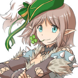Rule 34 | 1girl, bicorne, blue eyes, blue jacket, bow, breasts, brown gloves, brown hair, closed mouth, clover, commentary request, cross-laced clothes, cross-laced gloves, cross-laced top, elbow gloves, fingerless gloves, four-leaf clover, fur-trimmed jacket, fur trim, gloves, green hat, hat, hat bow, jacket, looking at viewer, medium breasts, mouth hold, natsuya (kuttuki), plume, pointy ears, ragnarok online, shadow chaser (ragnarok online), short hair, simple background, smile, solo, stalk in mouth, upper body, white background