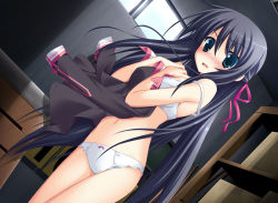 Rule 34 | 1girl, aqua eyes, black hair, blush, bow, bow panties, bra, clothes in front, covering privates, covering breasts, cowboy shot, dressing, embarrassed, game cg, gym storeroom, indoors, kanou kayoko, koiiro soramoyou, lingerie, long hair, looking at viewer, lucie, navel, off shoulder, open mouth, panties, ribbon, solo, underwear, underwear only, very long hair, white bra, white panties