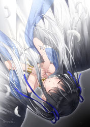 Rule 34 | 1girl, angel wings, bare shoulders, black hair, black wings, blue ribbon, blush, closed eyes, commentary request, cross, cross necklace, dress, facing viewer, fallen angel, feathered wings, feathers, gradient hair, gradient wings, hagoromo, hair between eyes, hair ribbon, hands up, jewelry, latin cross, long hair, multicolored hair, multicolored wings, necklace, off-shoulder dress, off shoulder, original, parted lips, ribbon, shawl, solo, twintails, twitter username, white dress, white feathers, white hair, white wings, wings, yumoran