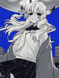Rule 34 | 1girl, blue sky, blush, building, bukiyama, cardigan, cardigan partially removed, cevio, city, clothes lift, commentary, cowboy shot, debris, empty eyes, floating hair, floating neckwear, greyscale with colored background, grin, half-closed eyes, highres, horns, isei ni ikou ne (cevio), long hair, long sleeves, looking at viewer, neckerchief, open cardigan, open clothes, pleated skirt, railing, school uniform, serafuku, skirt, skirt lift, sky, smile, solo, standing, symbol-only commentary, tareme, ufo, wind, wind lift