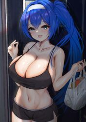 Rule 34 | 1girl, :d, absurdres, bag, bare arms, bare shoulders, black camisole, black shorts, blue eyes, blue hair, breasts, camisole, cleavage, collarbone, commission, cowboy shot, crop top, eyelashes, hair between eyes, hair intakes, hairband, hands up, highres, holding, holding bag, huge breasts, light blush, long hair, looking at viewer, midriff, mito soosu, navel, open mouth, original, shopping bag, shorts, side ponytail, skeb commission, smile, solo, standing, stomach, strap gap, sweat, tongue, white hairband