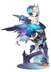 Rule 34 | 1girl, armor, bird, boots, crown, detached sleeves, dress, feathers, greaves, green eyes, gwendolyn (odin sphere), hair ornament, holding own arm, jewelry, multicolored wings, odin sphere, pteruges, ring, short hair, silver hair, solo, standing, standing on one leg, starshadowmagician, strapless, strapless dress, thighhighs, wings