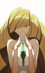 Rule 34 | 1girl, blonde hair, breasts, creatures (company), dress, evil, fingers to mouth, game freak, green eyes, grin, highres, jewelry, long hair, looking at viewer, lusamine (pokemon), medium breasts, nintendo, pokemon, pokemon sm, simple background, smile, solo, vivivoovoo, white dress