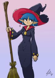 Rule 34 | 1girl, blue background, blue hair, blue nails, blush, brooch, broom, covered navel, dress, ear piercing, eyeshadow, freckles, gravelurker, hat, high collar, irene (zelda), jewelry, looking to the side, makeup, nail polish, nintendo, piercing, pointy ears, purple eyes, solo, standing, the legend of zelda, the legend of zelda: a link between worlds, witch, witch hat