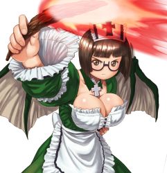 Rule 34 | 1girl, :|, apron, bad anatomy, bad id, bad pixiv id, black-framed eyewear, breasts, brown eyes, brown hair, cave, cleavage, closed mouth, cross, cross necklace, deathsmiles, fire, follett (deathsmiles), jewelry, large breasts, long sleeves, looking at viewer, necklace, shinonome (game hakkutsu tai), simple background, solo, standing, torch, white background, wings