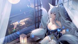 Rule 34 | 1girl, animal ears, azur lane, bare shoulders, blue butterfly, blue eyes, blue kimono, breasts, bug, building, butterfly, cleavage, curtains, fox ears, fox girl, fox tail, hair ornament, insect, japanese clothes, kimono, lantern, large breasts, long hair, long sleeves, looking at viewer, manjuu (azur lane), multiple tails, off shoulder, official art, sagiri (ulpha220), see-through, shinano (azur lane), sidelocks, sitting, skirt, solo, tail, thighhighs, thighs, tile roof, white hair, white skirt, white tail, white thighhighs, wide sleeves