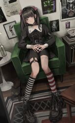 Rule 34 | 1girl, absurdres, armchair, artist self-reference, asymmetrical legwear, belt collar, black dress, black footwear, black hair, black nails, black socks, blush, boots, bow, chair, clock, closed mouth, collar, cross, cross earrings, dress, dutch angle, earrings, fingernails, gishiki (gshk), goth fashion, hair bow, highres, interlocked fingers, jewelry, long sleeves, looking at viewer, mismatched legwear, nail polish, o-ring, o-ring thigh strap, original, own hands together, pentacle, pink bow, purple eyes, red socks, socks, solo, striped clothes, striped socks, stuffed animal, stuffed cat, stuffed toy, table, thigh strap, twintails