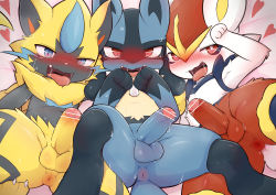 Rule 34 | 3boys, absurdres, animal ears, animal hands, animal nose, anus, bar censor, black fur, blue eyes, blue fur, blush, body fur, censored, cinderace, claws, creatures (company), erection, fangs, foreskin, furry, furry male, game freak, gen 4 pokemon, gen 7 pokemon, gen 8 pokemon, heart, heart in eye, highres, legendary pokemon, looking at viewer, lucario, lying, male focus, multiple boys, mythical pokemon, nintendo, on back, open mouth, penis, pokemon, pokemon (creature), precum, presenting, rabbit ears, rabbit tail, red eyes, red fur, saliva, smile, spikes, spread legs, striped fur, sweat, symbol in eye, tail, take your pick, tearing up, testicles, thighs, tongue, tongue out, whiskers, white fur, yellow fur, yousan (pixiv540898), zeraora