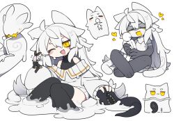 Rule 34 | 1girl, 2others, :3, ;d, = =, animal ears, bags under eyes, bare shoulders, barefoot, black hoodie, black shirt, black thighhighs, breasts, cheek-to-cheek, claws, closed eyes, closed mouth, commentary request, creature, dorodra (kisaragi kaya), dripping, flying sweatdrops, furry, furry female, giant, giantess, grey hair, grey skirt, grey sweater, hand up, heads together, heart, holding, hood, hoodie, hug, jitome, kisaragi kaya, knees together feet apart, knees up, long hair, long sleeves, looking at viewer, monster, multiple forms, multiple others, multiple views, neck fur, no nose, nude, off-shoulder sweater, off shoulder, one eye closed, open mouth, original, shirt, simple background, sitting, sitting on hand, size difference, skirt, sleeveless, sleeveless shirt, sleeveless turtleneck, sleeves past fingers, sleeves past wrists, slime (creature), slime (substance), small breasts, smile, snake, solo, stick figure, sweater, tentacle hair, thighhighs, turtleneck, turtleneck shirt, very long hair, white background, yellow eyes