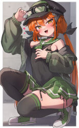 Rule 34 | 1girl, bikini, black bikini, black choker, black ribbon, black thighhighs, blush, breasts, choker, commission, fang, goggles, goggles on headwear, green footwear, green jacket, green sailor collar, green skirt, hair ribbon, hat, heart, highres, jacket, long hair, long sleeves, looking at viewer, low twintails, micro bikini, off shoulder, open clothes, open jacket, open mouth, orange hair, original, pleated skirt, ribbon, sailor collar, shoes, skeb commission, skirt, small breasts, sneakers, solo, squatting, swimsuit, thighhighs, trente, twintails, yellow eyes