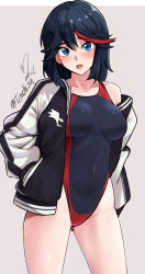 Rule 34 | 1girl, artist name, black hair, black jacket, black one-piece swimsuit, blue eyes, blue hair, breasts, competition swimsuit, cowboy shot, hands in pockets, highleg, highleg swimsuit, highres, jacket, kill la kill, looking at viewer, matoi ryuuko, medium breasts, multicolored clothes, multicolored hair, multicolored jacket, one-piece swimsuit, open clothes, open jacket, red hair, revision, short hair, solo, streaked hair, swimsuit, two-tone jacket, two-tone swimsuit, yoo tenchi