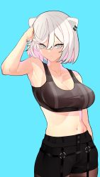 Rule 34 | 1girl, absurdres, adriano ssrb, animal ears, armpits, bare shoulders, black bra, black pantyhose, black shorts, blue background, bra, breasts, cleavage, collarbone, ear piercing, grey eyes, hair between eyes, hand in own hair, hand up, highres, hololive, large breasts, lion ears, lion girl, long hair, navel, pantyhose, piercing, shishiro botan, shishiro botan (button-down), short hair, shorts, silver hair, simple background, solo, sports bra, standing, underwear, virtual youtuber