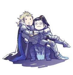 Rule 34 | 2boys, :o, armor, black hair, blonde hair, blue cape, breastplate, cape, carrying, closed mouth, dimitri alexandre blaiddyd, felix hugo fraldarius, fire emblem, fire emblem: three houses, fire emblem warriors: three hopes, fur collar, gauntlets, greaves, high ponytail, highres, hotchociart, long hair, long sleeves, low ponytail, multiple boys, nintendo, pauldrons, ponytail, princess carry, shoulder armor, simple background, white background