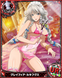 Rule 34 | 10s, 1girl, bra, bracelet, braid, breasts, card (medium), character name, chess piece, cleavage, covered erect nipples, female focus, grayfia lucifuge, grey eyes, grey hair, high school dxd, jewelry, large breasts, lipstick, long hair, maid headdress, makeup, matching hair/eyes, mature female, o-ring, o-ring bottom, o-ring panties, official art, panties, pink bra, pink panties, queen (chess), red lips, smile, solo, thighhighs, torn clothes, trading card, twin braids, twintails, underboob, underwear