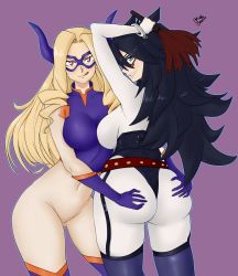 2girls artist_name ass ass_grab black_hair blonde_hair blue_eyes bodystocking bodysuit boku_no_hero_academia breasts cuffs domino_mask fake_horns garter_straps gummslime highres horns huge_ass large_breasts licking_lips long_hair looking_at_viewer looking_back mask midnight_(boku_no_hero_academia) mole mole_under_eye mount_lady multiple_girls pink_eyes purple_background skin_tight smile thighhighs tongue tongue_out