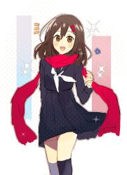 Rule 34 | 1girl, black serafuku, black skirt, black socks, blue flower, brown eyes, brown hair, dotted background, double-parted bangs, enpera, feet out of frame, flower, fringe trim, hair between eyes, hair ornament, hairclip, highres, kagerou project, kneehighs, blue background, long hair, long sleeves, looking at viewer, multicolored background, neckerchief, notice lines, otorigg, outline, pink background, scarf, school uniform, serafuku, skirt, socks, solo, sparkle, tateyama ayano, triangle mouth, upper body, white background, white neckerchief, white outline, winter uniform