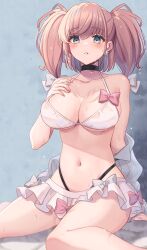 Rule 34 | 1girl, alternate costume, arm support, atlanta (kancolle), bikini, bikini skirt, black choker, bow, breasts, brown hair, choker, collarbone, earrings, grey eyes, grey shirt, hair between eyes, hair bow, hand on own chest, highleg, highleg bikini, highres, jewelry, kantai collection, large breasts, looking at viewer, natsume (natsume melio), navel, parted lips, shirt, simple background, sitting, solo, star (symbol), star earrings, swimsuit, two side up, unworn shirt, wariza, wet, wet bikini, white bikini, white bow