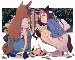 Rule 34 | 2girls, animal ears, backpack, bag, blue footwear, blue jacket, blue skirt, bow, braid, brown hair, calico, cat, closed eyes, clothing cutout, commentary request, ear bow, floral print, french braid, grass wonder (umamusume), grin, hair between eyes, hair ornament, hairclip, high heels, highres, horse ears, horse girl, horse tail, jacket, multicolored hair, multiple girls, outdoors, pink footwear, pink skirt, puffy short sleeves, puffy sleeves, purple bow, shirt, shoes, short hair, short sleeves, shoulder bag, skirt, sleeves rolled up, smile, sneakers, special week (umamusume), squatting, streaked hair, tail, tail through clothes, teddy (takarada), umamusume, white bag, white hair, white shirt