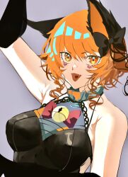 Rule 34 | 1girl, arm up, bell, black bow, bow, collar, hair between eyes, heart, heart in mouth, highres, jingle bell, kaenbyou rin, looking at viewer, neck bell, open mouth, orange hair, solo, tomatolover16, touhou