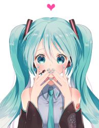 Rule 34 | 1girl, bare shoulders, blush, brown sleeves, collared shirt, commentary request, covered mouth, detached sleeves, fingernails, green eyes, green hair, green nails, green neckwear, grey shirt, hair between eyes, hair ornament, hand to own mouth, hatsune miku, headphones, headset, heart, long hair, long sleeves, looking at viewer, nail polish, paraffin, shirt, simple background, sleeveless, sleeveless shirt, solo, twintails, upper body, vocaloid, white background