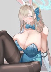 Rule 34 | 1girl, absurdres, animal ears, asuna (blue archive), asuna (bunny) (blue archive), blue archive, blue eyes, blush, bow, bowtie, breasts, cleavage, detached collar, djungarian missile butter, fake animal ears, gloves, hair over one eye, highres, large breasts, leotard, long hair, mole, mole on breast, pantyhose, playboy bunny, pointy breasts, rabbit ears, smile, solo, traditional bowtie, white gloves