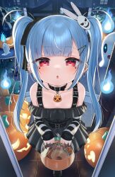 Rule 34 | 1girl, :o, absurdres, black bow, black collar, black dress, blue fire, blue hair, blush, bow, collar, collarbone, commentary request, dress, facial mark, fire, gate, ghost, glowing, hair bow, hair ornament, halloween bucket, heart, highres, holding, jack-o&#039;-lantern, long hair, long sleeves, looking at viewer, off-shoulder dress, off shoulder, original, parted lips, pleated dress, rabbit hair ornament, red eyes, sleeves past wrists, solo, standing, striped, tsukiman, twintails, very long hair