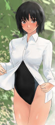 Rule 34 | 1girl, amagami, black hair, black one-piece swimsuit, breasts, brown eyes, clothes lift, competition swimsuit, cowboy shot, dress shirt, highres, looking at viewer, nanasaki ai, one-piece swimsuit, open clothes, open shirt, shirt, shirt lift, short hair, small breasts, solo, standing, swimsuit, swimsuit under clothes, yoo tenchi