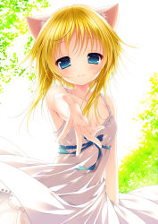 Rule 34 | 1girl, animal ears, blonde hair, blue eyes, cat ears, dress, gradient background, minatsuki alumi, original, outstretched arm, outstretched hand, short hair, sleeveless, smile, solo, sundress