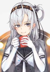 Rule 34 | 1girl, bodysuit, cape, cup, grey cape, hair between eyes, headband, highres, holding, holding cup, kantai collection, kumanoko, long hair, looking at viewer, one side up, purple eyes, sailor collar, silver hair, smile, solo, suzutsuki (kancolle), upper body, white bodysuit, white neckwear