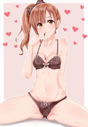 Rule 34 | 1girl, :q, bare shoulders, blush, bra, breasts, brown bra, brown eyes, brown hair, brown panties, chocolate, chocolate on body, chocolate on breasts, chocolate on hand, cleavage, closed mouth, collarbone, food on body, food on hand, gluteal fold, highres, idolmaster, idolmaster cinderella girls, igarashi kyoko, long hair, medium breasts, navel, panties, pink background, pinky out, shirushiru (saitou888), side ponytail, simple background, sitting, smile, solo, tongue, tongue out, underwear, underwear only