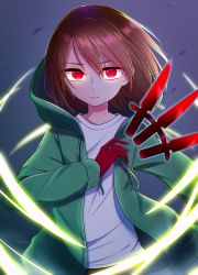 Rule 34 | 1other, alternate universe, artist request, brown hair, chara (undertale), commentary request, eyelashes, gloves, green hoodie, highres, hood, hoodie, knife, long sleeves, looking at viewer, magic, open clothes, open hoodie, red eyes, red gloves, shirt, short hair, solo, storyshift, undertale, undertale au, white shirt